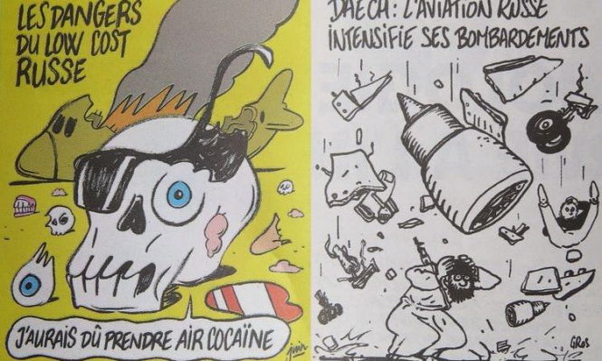 Hai bức biếm họa li&ecirc;n quan tới vụ tai nạn m&aacute;y bay của Nga tại Ai Cập đăng tr&ecirc;n tạp ch&iacute; Charlie Hebdo 