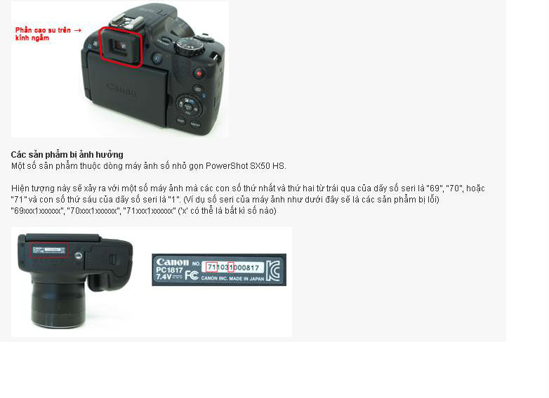 Phần nệm cao su của m&aacute;y ảnh Canon c&oacute; thể g&acirc;y hại cho da v&agrave; mắt v&igrave; c&oacute; chứa kim loại nặng