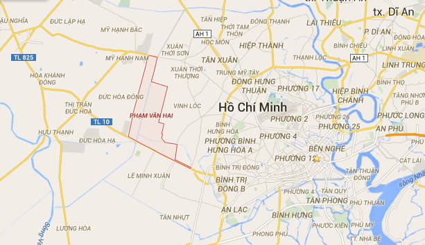 Khu vực x&atilde; Phạm Văn Hai được khoanh đỏ được x&aacute;c định l&agrave; nơi trực thăng mất li&ecirc;n lạc