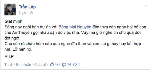 D&ograve;ng chia sẻ của nhạc sĩ Trần Lập khi hay tin nhạc sĩ An Thuy&ecirc;n qua đời