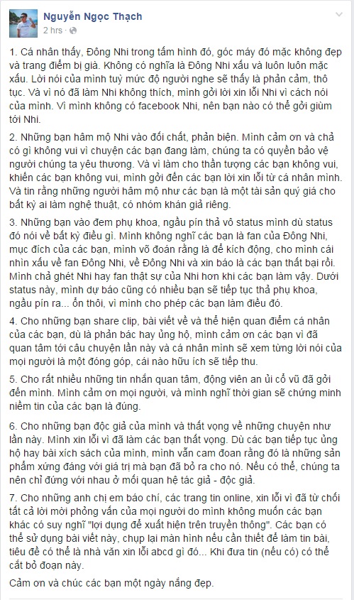 C&acirc;y b&uacute;t Nguyễn Ngọc Thạch th&igrave; b&agrave;y tỏ quan điểm v&agrave; gửi lời xin lỗi đến ca sĩ Đ&ocirc;ng Nhi 