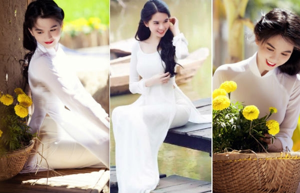 Ngọc Trinh dù thấp hơn những người đẹp nói trên nhưng cũng tự tin với tà áo dài điệu đà, duyên dáng