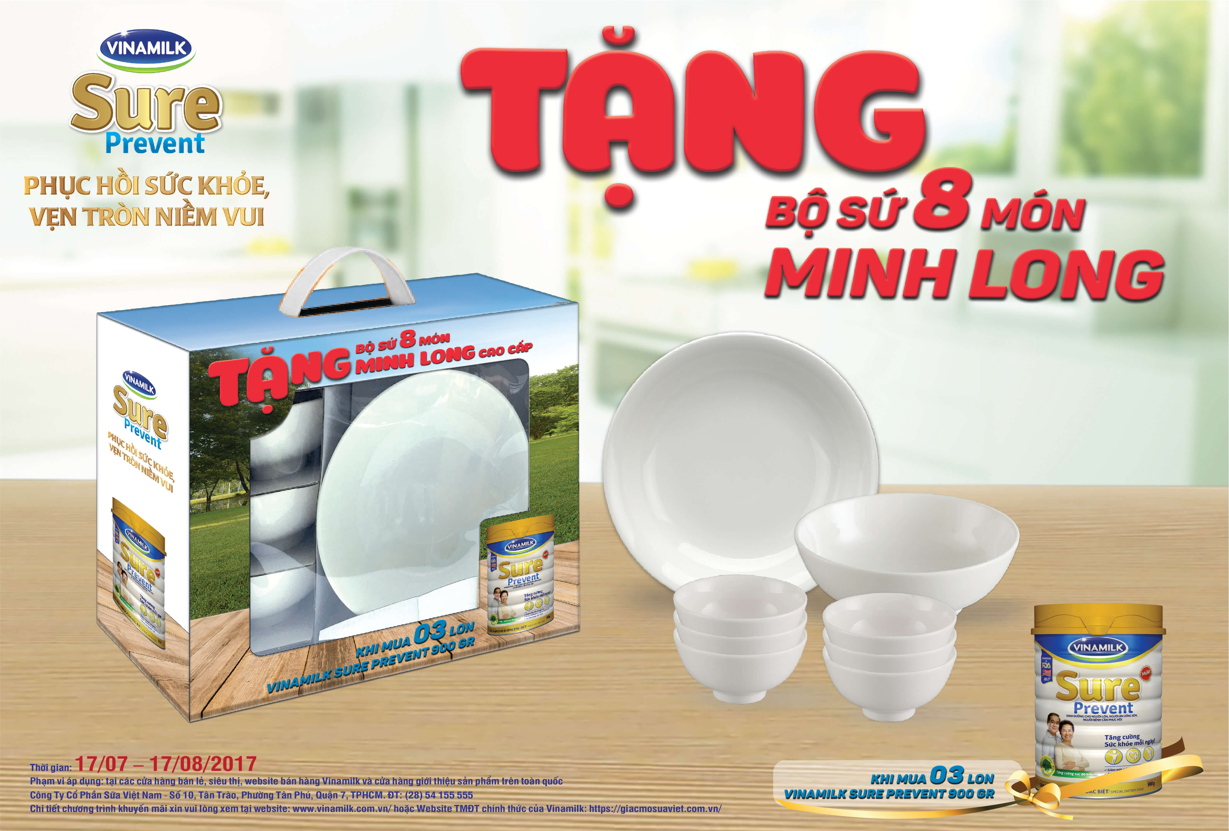  Tặng ngay 1 bộ sứ Minh Long 8 m&oacute;n khi mua 03 lon VINAMILK SURE PREVENT 900gr