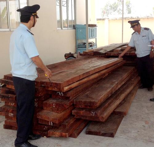 Tang vật 1 vụ bu&ocirc;n lậu gỗ do Chi cục Hải quan cửa khẩu Dinh B&agrave; (Cục Hải quan Đồng Th&aacute;p) bắt giữ ng&agrave;y 11-2-2014. Ảnh: Đăng Nguy&ecirc;n, b&aacute;o Hải Quan