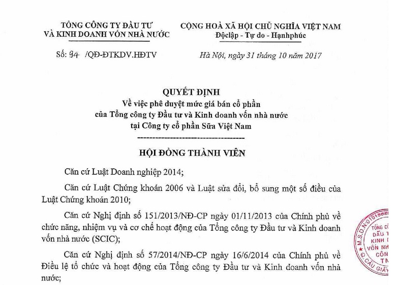  Quyết định của SCIC về việc ch&agrave;o b&aacute;n cổ phần của Vinamilk