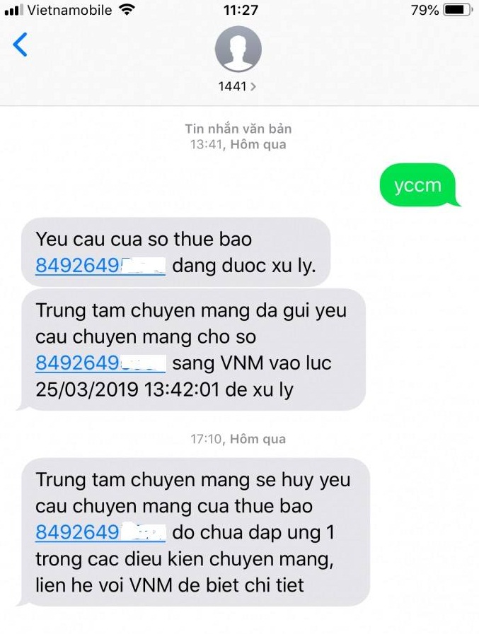Y&ecirc;u cầu chuyển mạng của kh&aacute;ch h&agrave;ng kh&ocirc;ng được Vietnamobile đ&aacute;p đứng. Ảnh: ST