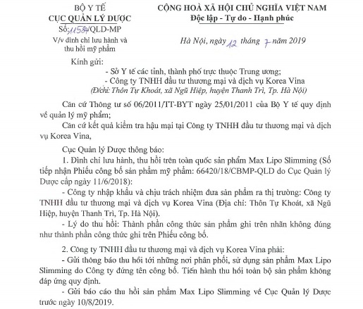 Cục Quản l&yacute; Dược đ&igrave;nh chỉ lưu h&agrave;nh, thu hồi tr&ecirc;n to&agrave;n quốc sản phẩm Max Lipo Slimming