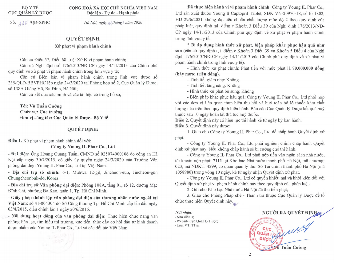  Cục Quản l&yacute; Dược xử phạt C&ocirc;ng ty Young IL Phar Co. Ltd Cục Quản l&yacute; Dược xử phạt C&ocirc;ng ty Young IL Phar Co. Ltd