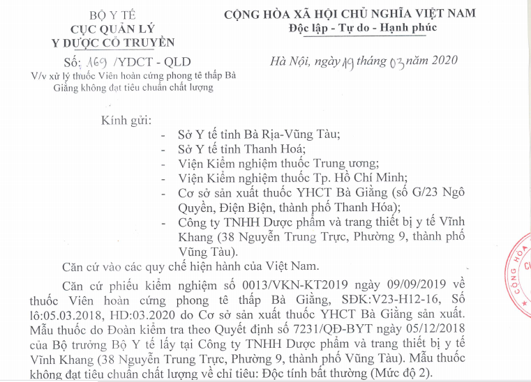 Kiểm nghiệm Vi&ecirc;n ho&agrave;n cứng phong t&ecirc; thấp B&agrave; Giằng ph&aacute;t hiện độc t&iacute;nh bất thường.