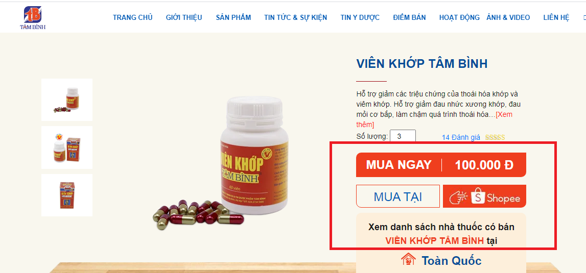 Quảng c&aacute;o v&agrave; link dẫn đến shopee về sản phẩm của Vi&ecirc;n khớp T&acirc;m B&igrave;nh đều n&ecirc;u trị bệnh, điều trị bệnh