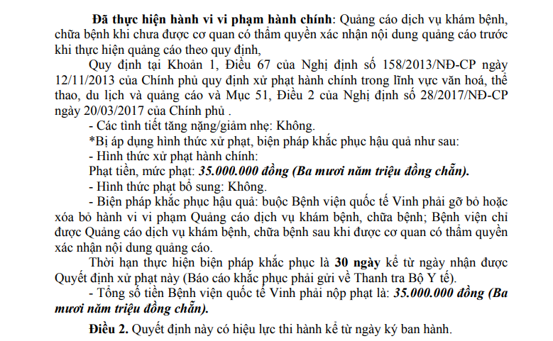 M&ocirc;̣t n&ocirc;̣i dung trong quy&ecirc;́t định xử phạt B&ecirc;̣nh vi&ecirc;̣n Qu&ocirc;́c t&ecirc;́ Vinh thu&ocirc;̣c T&acirc;̣p đoàn Y khoa Hoàn Mỹ