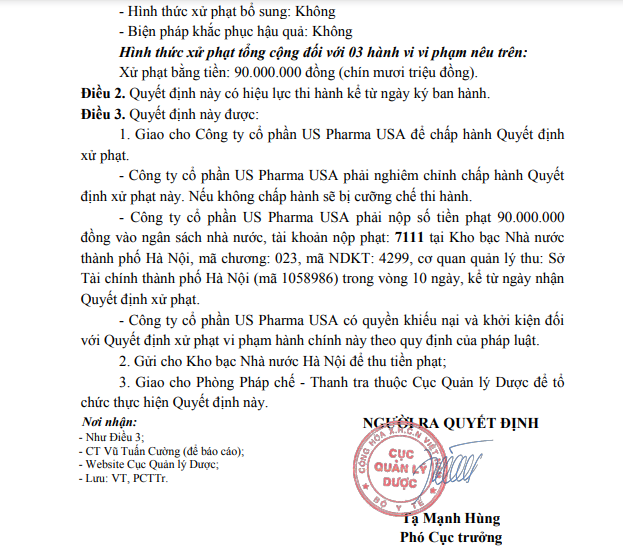 B&ocirc;̣ Y t&ecirc;́ xử phạt C&ocirc;ng ty cổ phần US Pharma USA và C&ocirc;ng ty cổ phần Dược phẩm 3/2 do sai phạm trong sản xu&acirc;́t thu&ocirc;́c.