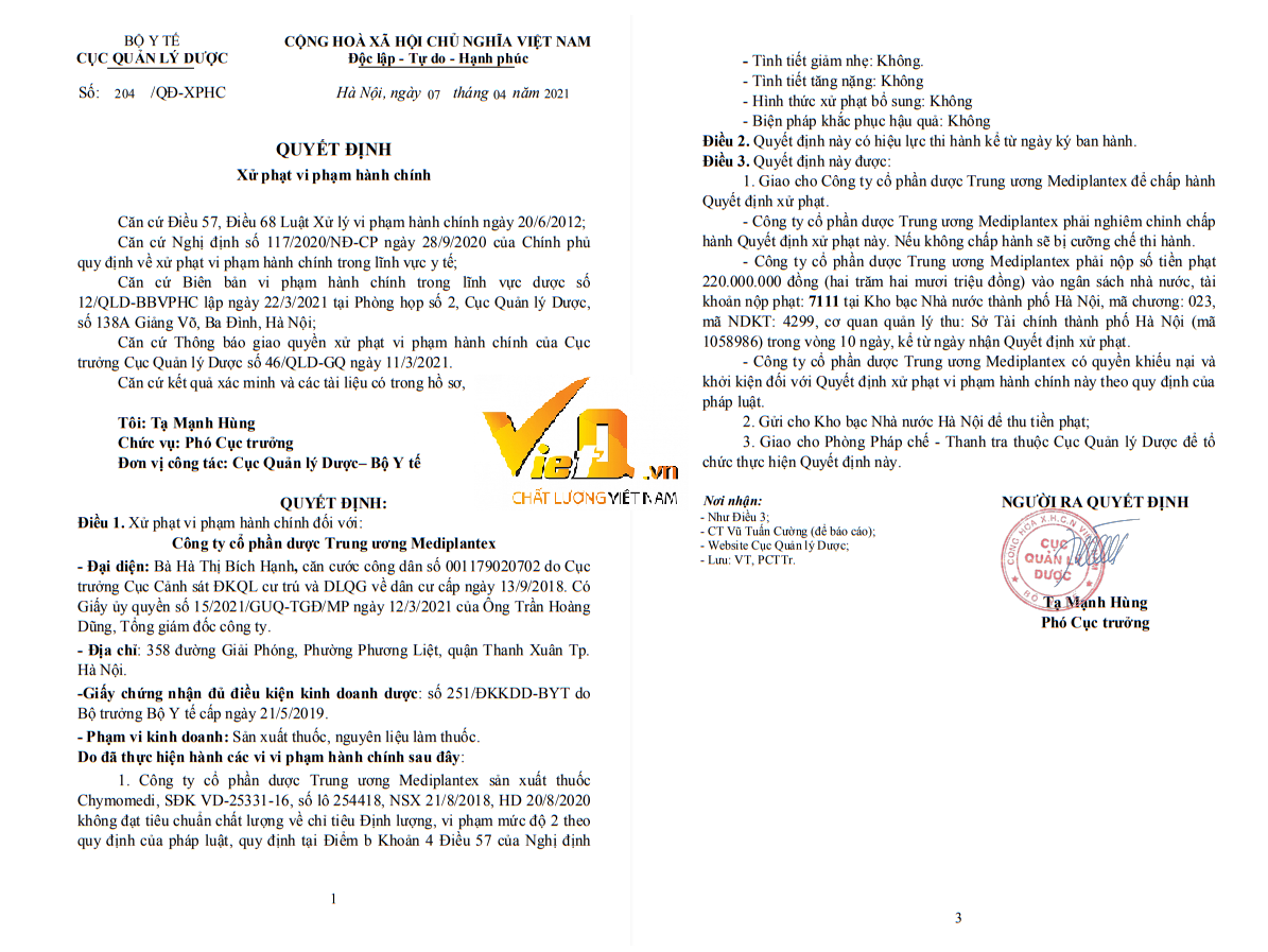 Mediplantex bị xử phạt với hàng loạt sai phạm trong sản xu&acirc;́t thu&ocirc;́c