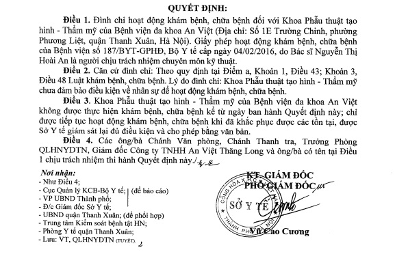 Quyết định của Sở Y tế H&agrave; Nội về đ&igrave;nh chỉ hoạt động của Khoa phẫu thuật tạo h&igrave;nh, thẩm mỹ của Bệnh viện đa khoa An Việt. Ảnh: ST