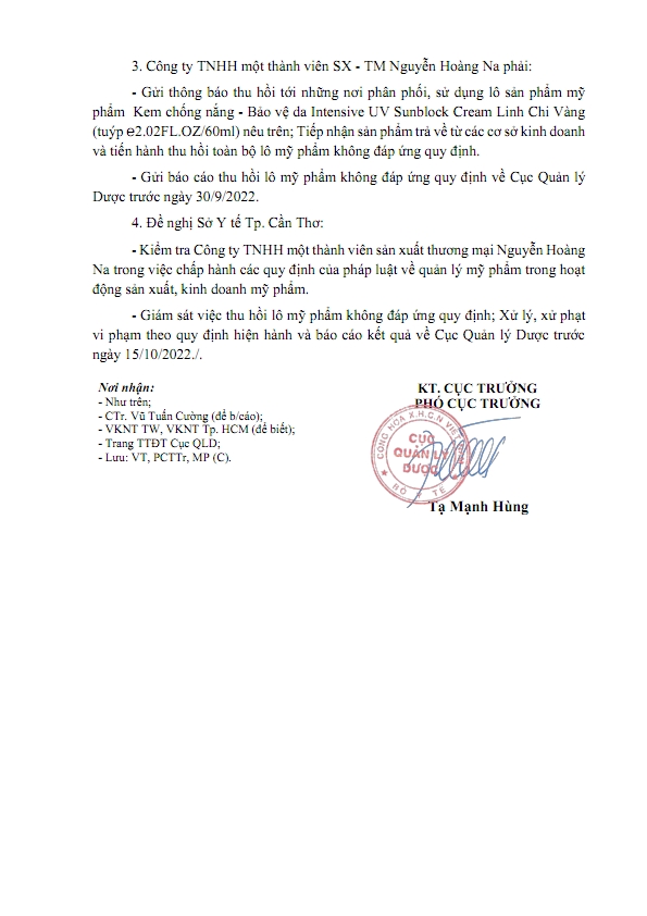 Thu hồi kem chống nắng, bảo vệ da Linh Chi V&agrave;ng của C&ocirc;ng ty Nguyễn Ho&agrave;ng Na
