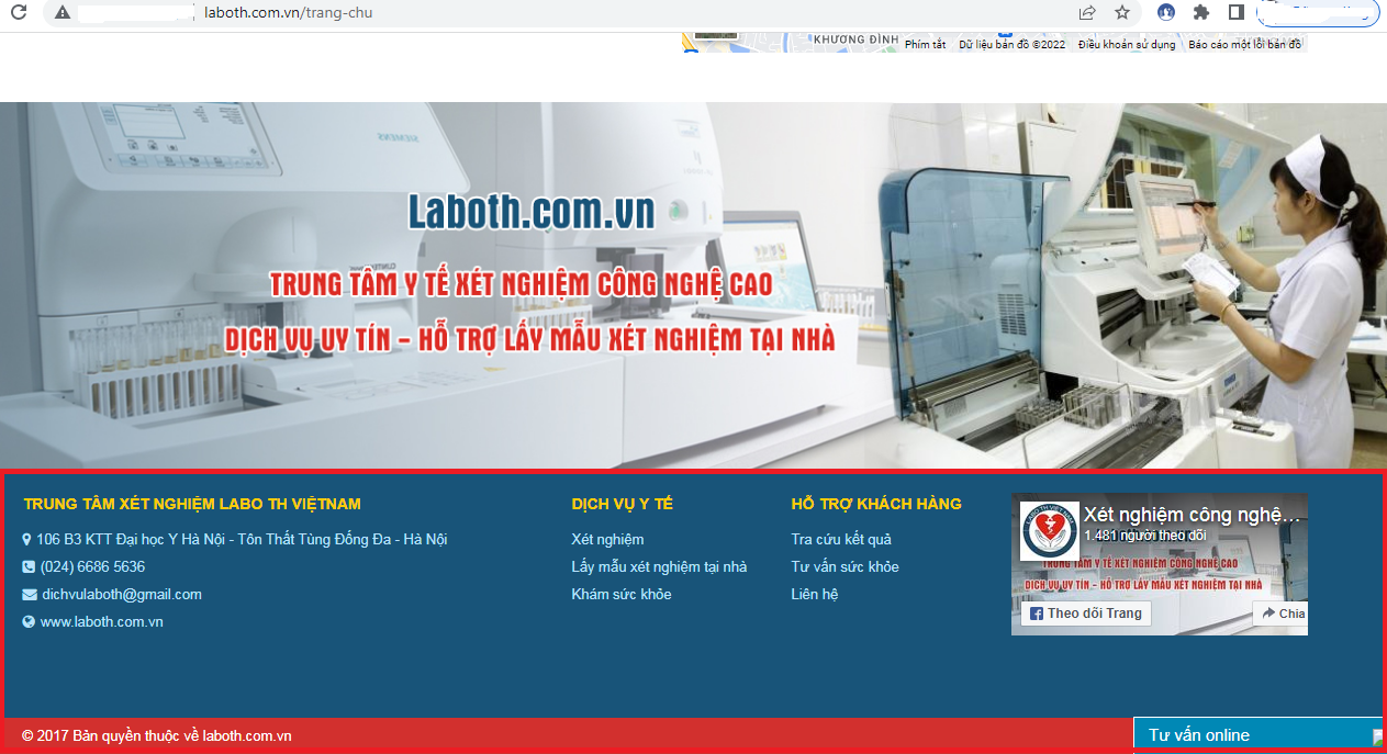  https://www.laboth.com.vn gắn với t&ecirc;n Trung t&acirc;m x&eacute;t nghiệm Labo TH Việt Nam cung cấp dịch vụ &ldquo;Lấy mẫu x&eacute;t nghiệm tại nh&agrave;&rdquo; chưa th&ocirc;ng b&aacute;o v&agrave; đăng k&yacute; với Bộ C&ocirc;ng Thương. Ảnh chụp m&agrave;n h&igrave;nh từ trang https://www.laboth.com.vn
