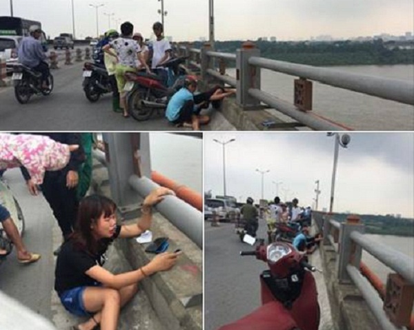 Người vợ trẻ kh&oacute;c ngất bất lực nh&igrave;n chồng chảy cầu tự tử
