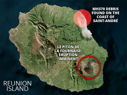 Vị tr&iacute; ph&aacute;t hiện mảnh vỡ nghi của m&aacute;y bay MH370 v&agrave; vị tr&iacute; n&uacute;i lửa tr&ecirc;n đảo Reunion