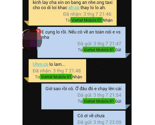 Trong lúc đi, Oanh nhắn tin cho một học sinh cho biết cô rất bất an vì tài xế chở đi theo một hướng khác. Ảnh VnExpress