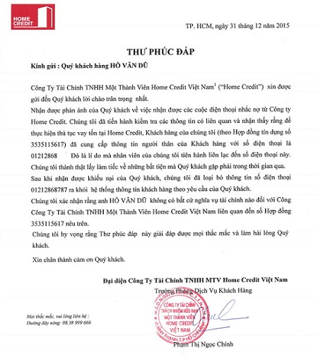 Thư ph&uacute;c đ&aacute;p của C&ocirc;ng ty Home Credit