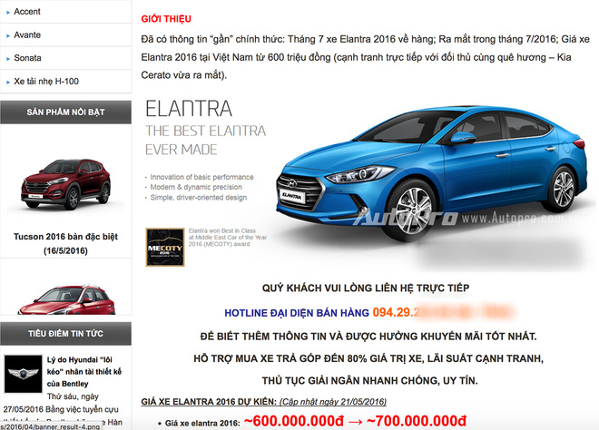 Th&ocirc;ng tin từ website của một đại l&yacute; được cho l&agrave; Hyundai ch&iacute;nh h&atilde;ng tại Việt Nam c&ocirc;ng bố th&ocirc;ng tin &ocirc; t&ocirc; Hyundai Elantra 2016 sắp được b&aacute;n tại Việt Nam với gi&aacute; từ 600 triệu đồng. Ảnh: Tr&iacute; thứ trẻ