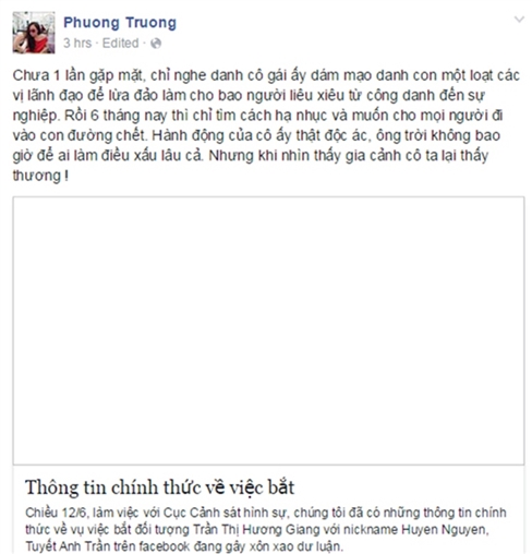 Phượng Chanel viết về Trang Trương &ndash; người phụ nữ được cho l&agrave; Th&aacute;nh C&ocirc; C&ocirc; B&oacute;c trong status mới nhất tr&ecirc;n trang c&aacute; nh&acirc;n