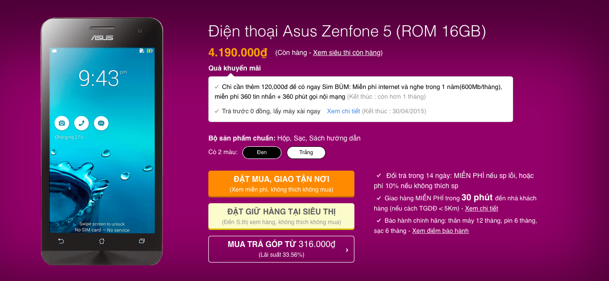 Smartphone gi&aacute; rẻ Asus Zenfone 5 bộ nhớ gấp đ&ocirc;i c&oacute; mặt tại Thế Giới Di Động