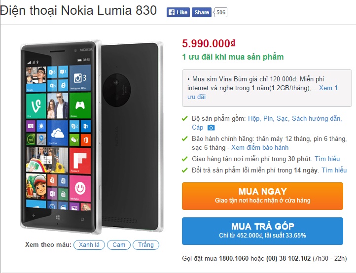 Nokia Lumia 830 chỉ c&ograve;n 5.990.000 đồng