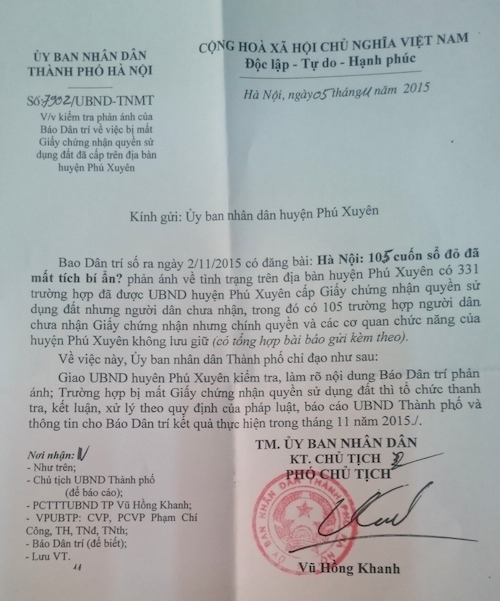 UBND TP H&agrave; Nội chỉ đạo l&agrave;m r&otilde; vụ 105 sổ đỏ &lsquo;mất t&iacute;ch&rsquo; b&iacute; ẩn tại huyện Ph&uacute; Xuy&ecirc;n
