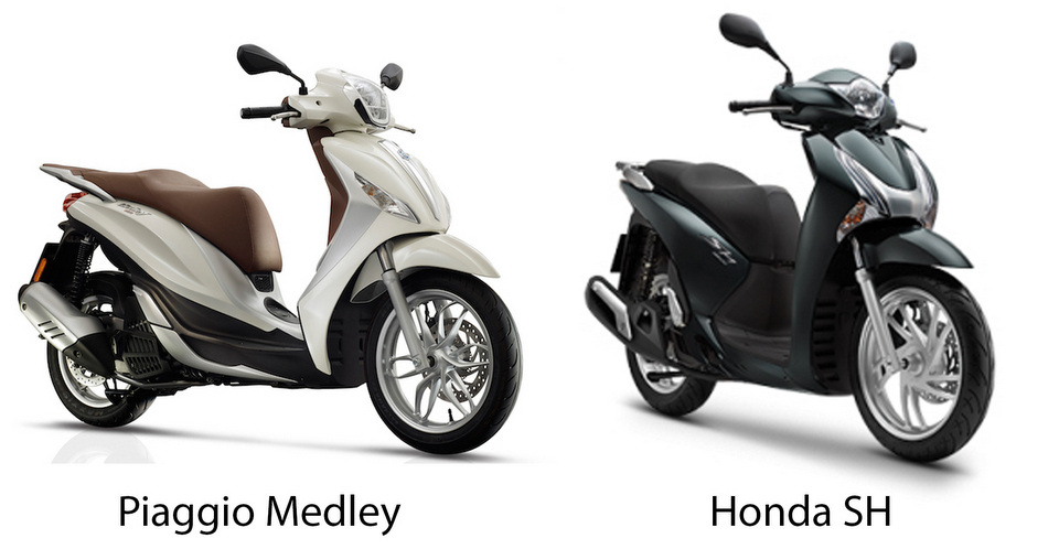 So s&aacute;nh, Honda SH v&agrave; Piaggio Medley, h&atilde;ng xe của &Yacute; ghi điểm với phanh đĩa tr&ecirc;n hai b&aacute;nh được trang bị hệ thống chống b&oacute; cứng phanh ABS. Ảnh: 2banh