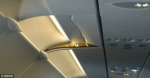 H&igrave;nh ảnh trần m&aacute;y bay nứt rạn do bị h&agrave;nh kh&aacute;ch va phải sau tai nạn hy hữu
