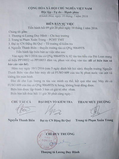 Bi&ecirc;n bản vụ việc t&agrave;u c&aacute; Quảng Ng&atilde;i bị tấn c&ocirc;ng được cơ quan chức năng đảo Sơn Ca lập