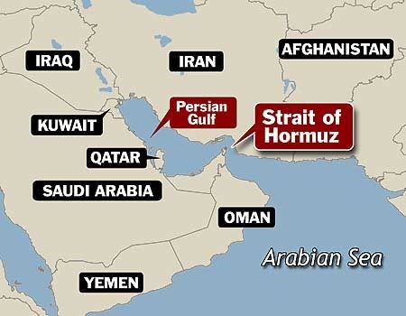 Vị tr&iacute; eo biển Hormuz, nơi xảy ra vụ đụng độ giữa t&agrave;u s&acirc;n bay Mỹ v&agrave; t&ecirc;n lửa Iran