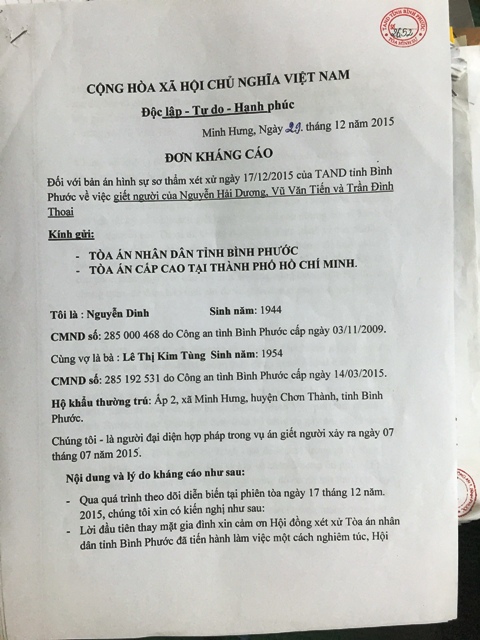Đơn kh&aacute;ng c&aacute;o của gia đ&igrave;nh 6 nạn nh&acirc;n vụ thảm s&aacute;t ở B&igrave;nh Phước