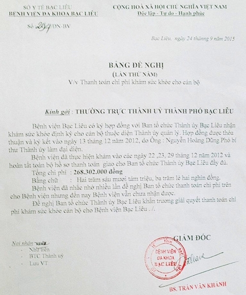 Giấy đề nghị của Bệnh viện Đa khoa Bạc Li&ecirc;u