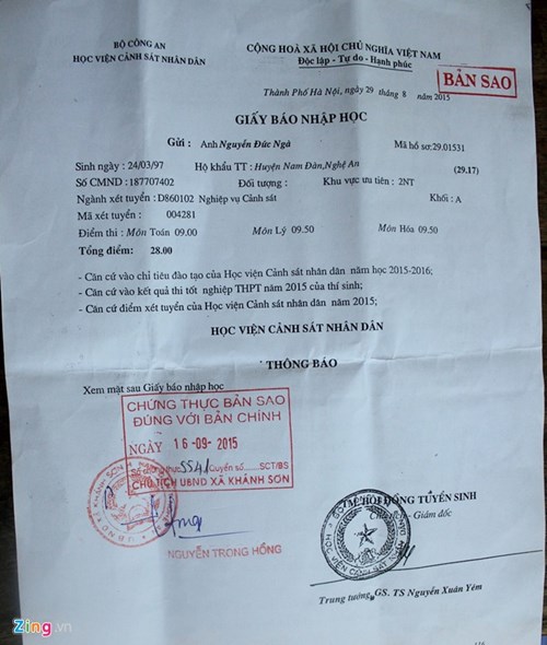 Giấy b&aacute;o nhập học của th&iacute; sinh Nguyễn Đức Ng&agrave; v&agrave;o Học viện Cảnh s&aacute;t nh&acirc;n d&acirc;n trước đ&oacute;