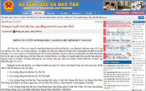 Th&ocirc;ng tin tuyển sinh 2015 hệ ĐH, CĐ ch&iacute;nh quy ch&iacute;nh thức được c&ocirc;ng khai tr&ecirc;n website của Bộ GD-ĐT 