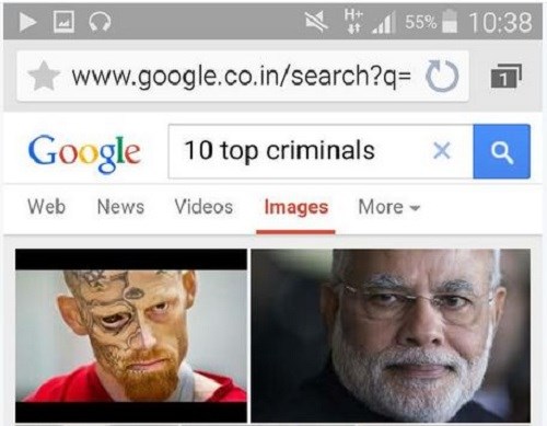 H&igrave;nh ảnh của thủ tướng Ấn Độ Narendra Modi xuất hiện tr&ecirc;n kết quả t&igrave;m kiếm Google cho cụm từ &lsquo;10 top criminals&rsquo;