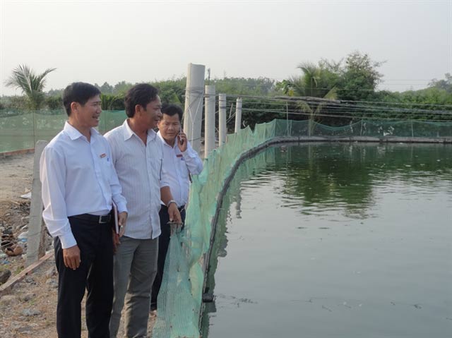 Nguyễn Văn Thêm (giữa) đang đưa khách đi tham quan các ao cá. Ảnh: 13Win15.com Việt Nam