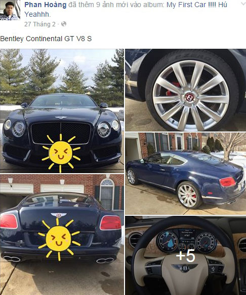 Trước đó, Phan Hoàng đã từng ''khoe'' trên trang cá nhân của mình hình ảnh chiếc Bentley Continental GT V8 S vào tháng 2/2016.