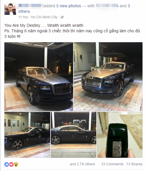 Ngày 26/6, thiếu gia Phan Thành khoe trên trang cá nhân chiếc siêu xe Rolls-Royce Wraith mới có giá vào khoảng 21 tỷ đồng.
