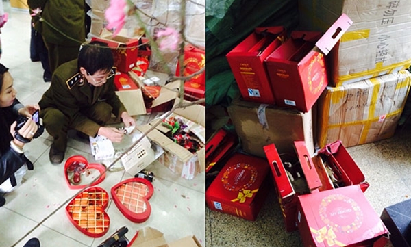 30 th&ugrave;ng s&ocirc; c&ocirc; la th&agrave;nh phẩm v&agrave; 25 th&ugrave;ng bao b&igrave; đang được đ&oacute;ng g&oacute;i kh&ocirc;ng c&oacute; một chứng từ h&oacute;a đơn n&agrave;o