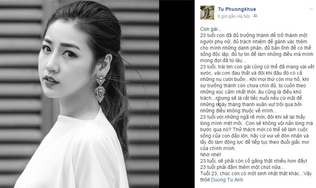 Á hậu Dương Tú Anh sinh năm 1993 và là ''tiểu thư'' - con một trong một Đăng ký và nhận 60K 24 bao lì xì miễn phí mỗi ngày khá giả ở Hà Nội. Cách đây ít giờ, mẹ của cô đã đăng tải bức 'tâm thư' để chúc mừng sinh nhật con gái nhân dịp Tú Anh tròn 23 tuổi.