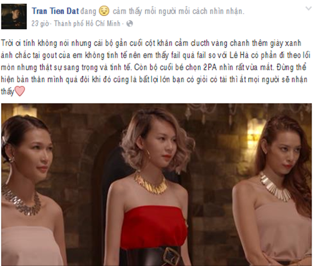 Sự lên ngôi của Diệp Linh Châu vấp phải nhiều luồng trái chiều từ dư luận, trong đó có cả những stylist nổi tiếng. Đặc biệt là xoay quanh bộ trang phục tông đỏ đầy hút mắt của  Đặng Hải Yến. Stylist  Lê Minh Ngọc có những nhận định riêng về cách phối đồ cũng như đánh giá chung về sự yêu thích của mình xoay quanh chiến thắng của Diệp Linh Châu.     Cả hai stylist tên tuổi này đều dành lời khen ngợi cho Phương Anh với trang phục có tông đỏ nổi bật. Cho rằng, sự kết hợp của Phương Anh là vừa mắt có điểm nhấn đặc biệt. Thí sinh Diệp Linh Châu được Hồ Ngọc Hà khen ngợi trong phần thi vừa qua đang vấp phải sự tranh cãi quyết liệt từ cộng đồng mạng, biến cô gái cá tính này trở thành  tâm điểm chú ý sau tập 3 vừa qua.
