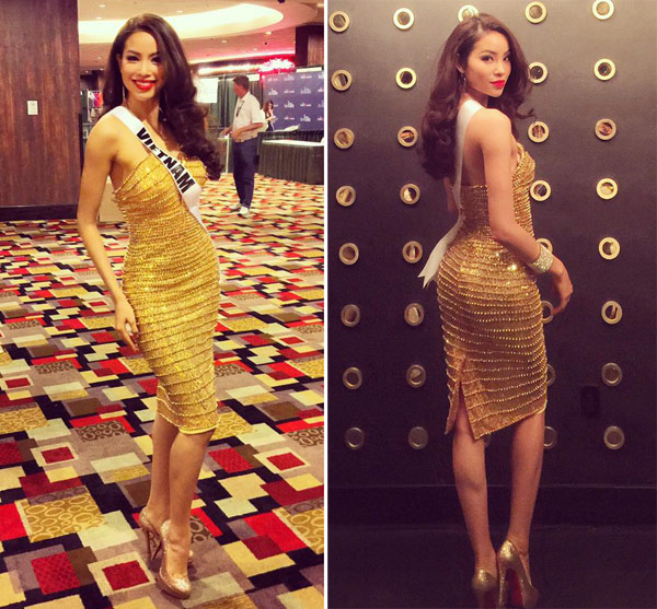 Đôi giày đế đỏ Christian Louboutin ton-sur-ton bộ đầm ánh kim mà cô diện khi thi Miss Universe 2015 có giá khoảng 90 triệu đồng.