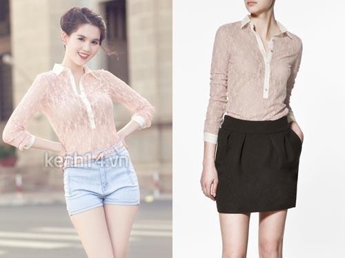 Sơ mi ren Zara gam màu nude được chị ấy phối cùng shorts jeans và giày cao gót cho phong cách nữ tính, trẻ của mình.