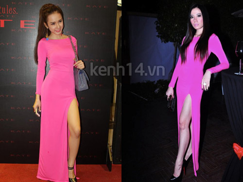 Angela Phương Trinh và Chung Thục Quyên cùng ''đụng'' mẫu đầm xẻ vạt, gam màu hot pink của Topshop.