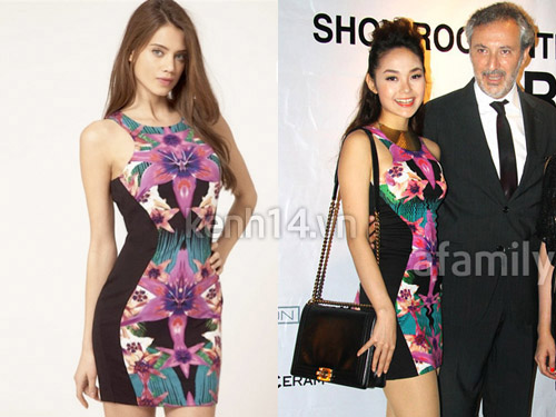 Minh Hằng gợi cảm trong một thiết kế đầm bodycon in họa tiết hoa lá nhiệt đới. Mẫu đầm này nằm trong BST Xuân/Hè 2012 của Lipsy, chúng có giá khoảng 2,1 triệu đồng. 