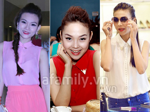 Thu Thủy, Minh Hằng, Thanh Hằng cùng ''đụng'' mẫu áo sơ mi cổ viền kim loại cá tính của Topshop. Mẫu áo này có giá khoảng hơn 1 triệu đồng.