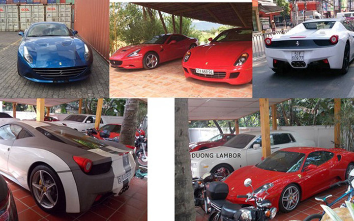 Những chiếc xe khủng của “đại gia” Trung Nguyên bao gồm Ferrari 458 Italia, Ferrari 599, Ferrari 458 Italia mui trần, Bentley, Audi R8, Aston Martin, Rolls-Royce Phantom, Porsche....